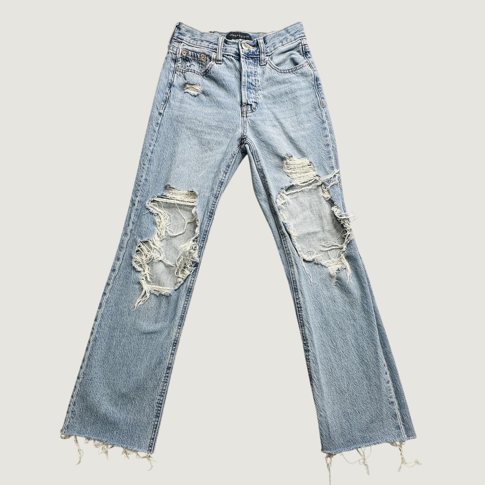 Aeropostale Jeans‎ Womens 00 Light Blue 90s Baggy Distressed Mid Rise Button Fly
